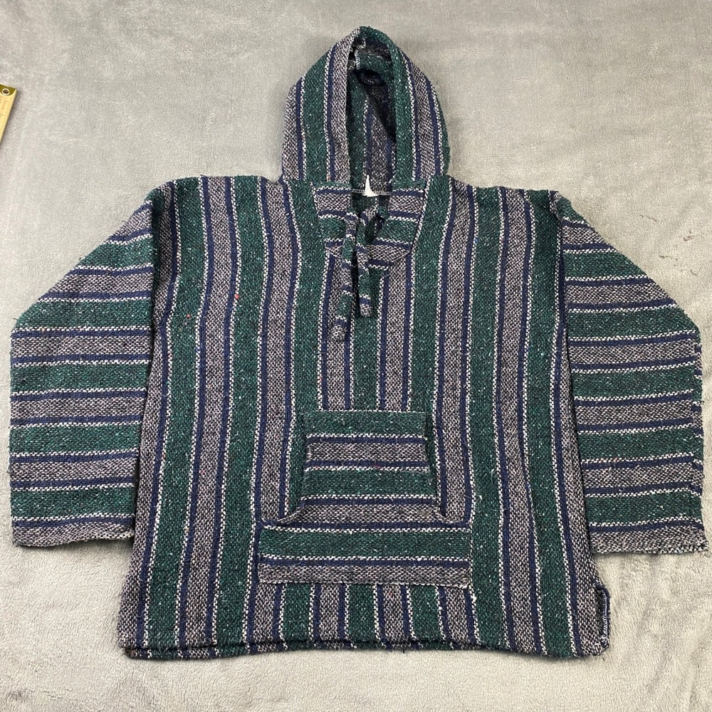 Unbranded Baja‎ Hoodie Unisex L Green Blue Striped Jerga Mexican Poncho Pullover